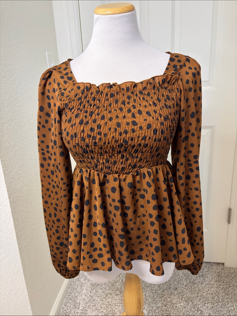 SHEIN Chocolate Brown Long Sleeve Blouse with Black Spots